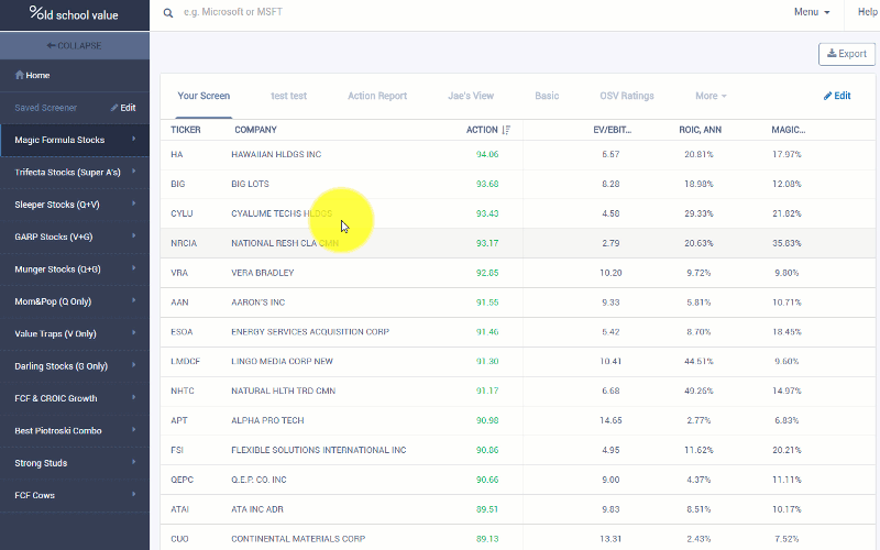 OSV Online Preset Value Screens